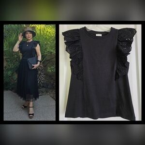 EUC J. Crew Chic Black Ruffle Eyelet Top
